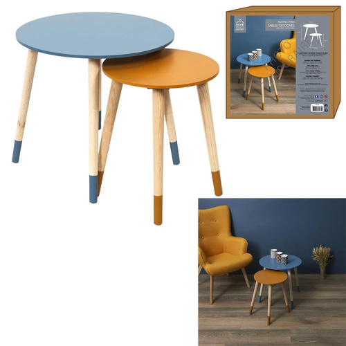 Zestaw 2 okrągłych stolików kawowych Trundle Intesi skandynawskich do salonu niebieski pomarańczowy