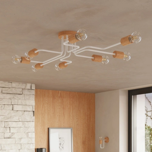 Żyrandol loftowy TIMBO 8 biały z drewnem do salonu i jadalni szerokość 100 cm