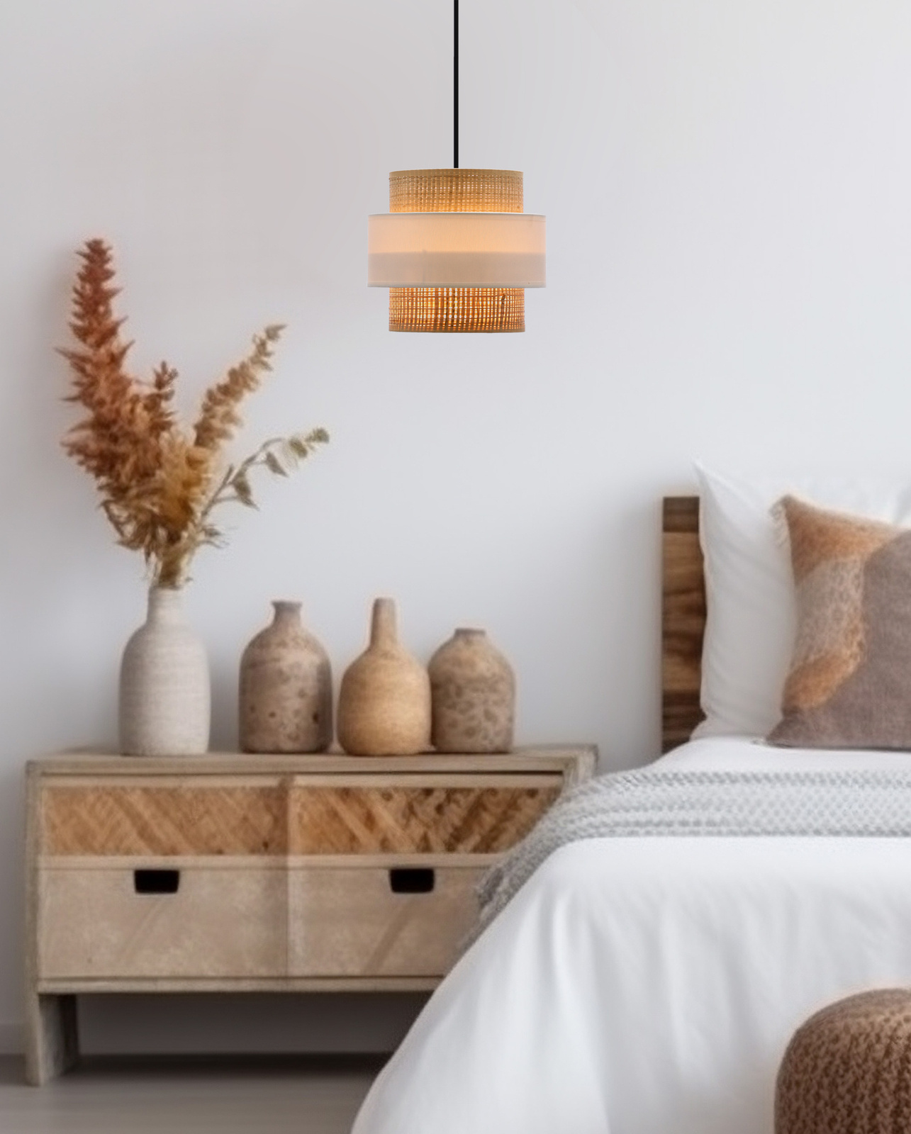 Lampa wisząca Rattan czarny 1x40W E27 abażur biały+kremowy