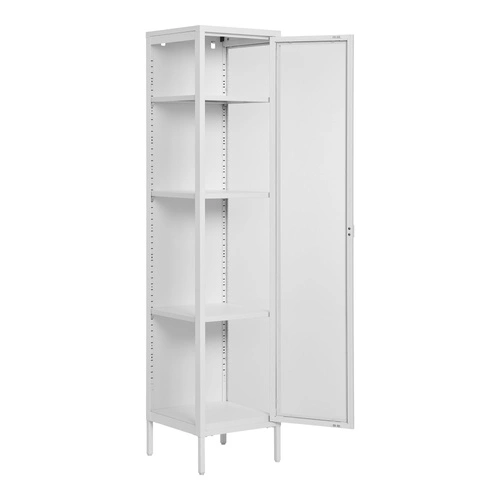 Witryna szklana biała Brisbane Intesi wąska nowoczesna na książki do salonu na metalowych nogach