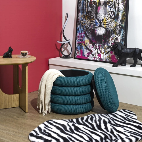 Pufa ze schowkiem Atom Intesi okrągła turkusowa nowoczesna do salonu i sypialni 42 cm