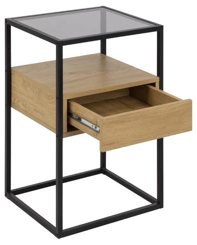 Szafka nocna Randolf 40 cm z dymionym szkłem i czarnym metalem – styl industrialny od Actona    