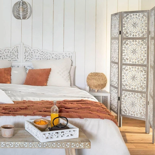Parawan pokojowy drewniany składany Etnik biały 3-skrzydłowy do sypialni Atmosphera
