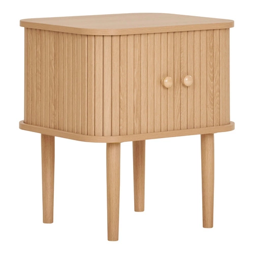 Szafka nocna Intesi Nikko 45 cm w stylu boho, naturalne drewno, frezowany front, z półką i wysokimi nogami