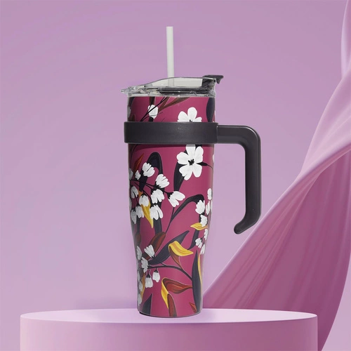 Kubek termiczny z uchwytem Fleur Intesi 1,2l różowy stal nierdzewna do kawy na wynos