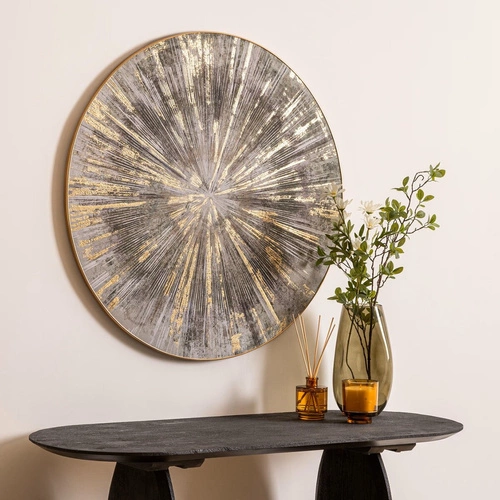 Dekoracja ścienna Izzie 80 cm szara z złotym wzorem, nowoczesna ozdoba na ścianę do salonu Atmosphera