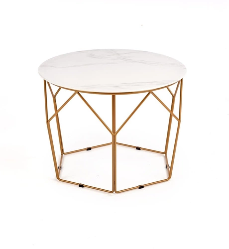 Stolik kawowy Safakis okrągły szklany biały marmur złoty nowoczesny glamour do salonu 60 cm