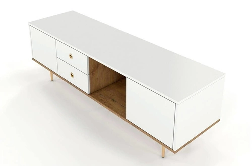 Szafka RTV biała 160 cm skandynawska z szufladami do salonu Harmoni H02 SKANDICA