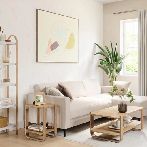 Stolik kawowy Bellwood drewniany prostokątny z półką skandynawski do salonu Umbra