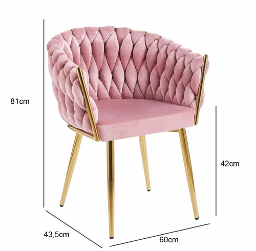 Krzesło tapicerowane Malaya Velvet Intesi różowe z podłokietnikami do jadalni glamour na złotych nogach