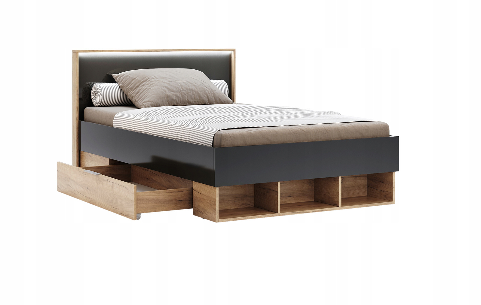 Łóżko młodzieżowe Lana 120x200 z szufladami i LED nowoczesne do sypialni dąb szary