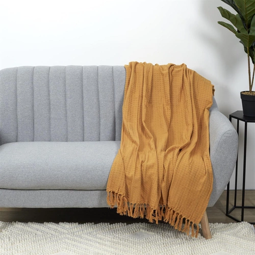 Koc bawełniany Waffle żółty miękki pled na kanapę i fotel do salonu Intesi