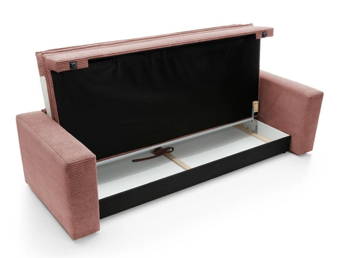 Sofa rozkładana z funkcją spania Ulnes sztruksowa różowa 3 osobowa do salonu z pojemnikiem