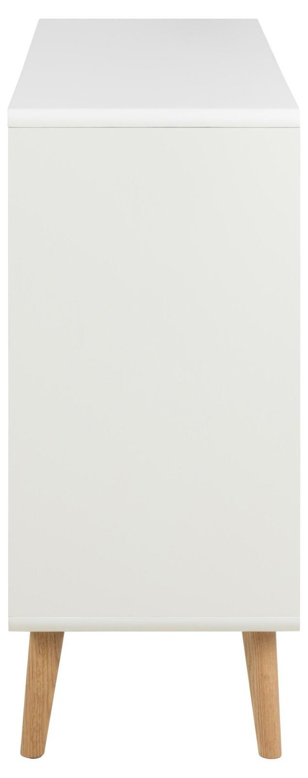 Komoda Lowell biała z 6 szufladami na dębowych nogach 135 cm nowoczesna do salonu