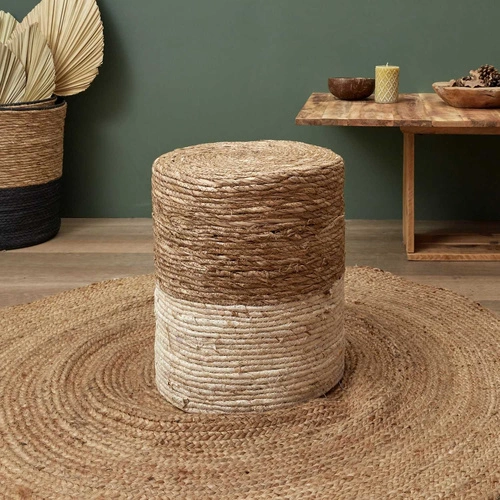 Pufa Bolsa okrągła boho pleciona naturalna i biała do salonu i sypialni Intesi 41 cm