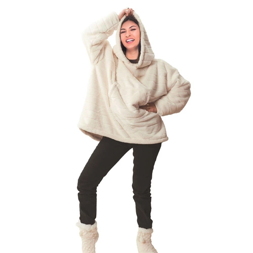 Bluzo koc z futerka Intesi biały ciepły koc z kapturem na kanapę do salonu