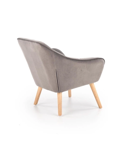 Fotel kubełkowy Kalmen welurowy szary skandynawski do salonu na drewnianych nogach