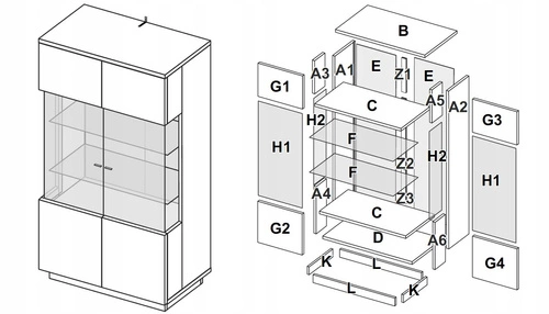 Witryna szklana Lana dąb szary nowoczesna do salonu i jadalni z oświetleniem 100cm