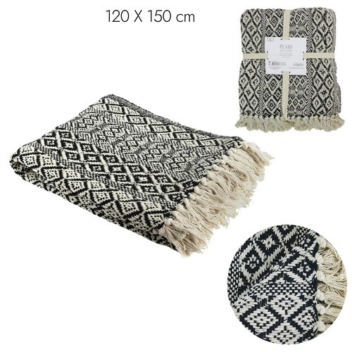 Narzuta bawełniana etniczna czarno-biała z frędzlami 120x150cm Intesi na łóżko