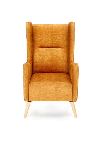 Fotel uszak Caitano musztardowy do salonu skandynawski tapicerowany z podłokietnikami Intesi