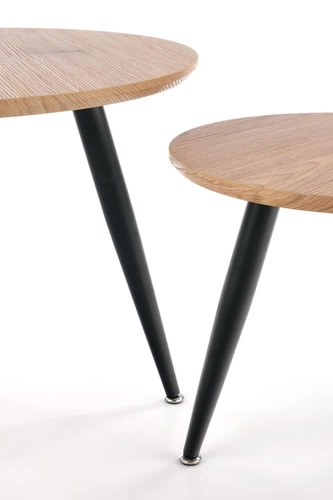 Zestaw 2 okrągłych stolików kawowych Hawardia dąb i czarny loftowy do salonu 2w1 Intesi