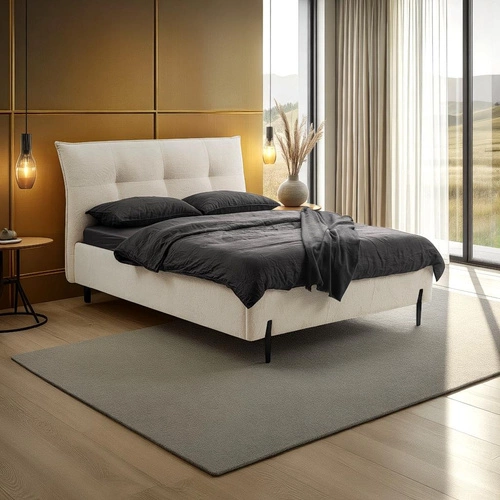 Łóżko tapicerowane Biscuit 140x200 beżowe z pojemnikiem do sypialni skandynawskie