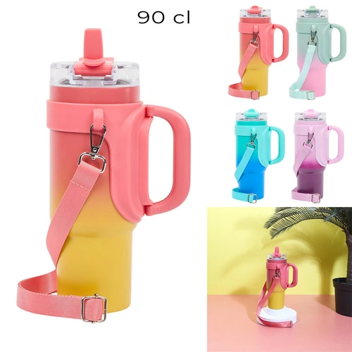 Kubek termiczny Malibu Intesi 900 ml różowo‑żółty z uchwytem do kawy