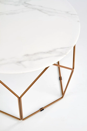 Stolik kawowy Safakis okrągły szklany biały marmur złoty nowoczesny glamour do salonu 60 cm