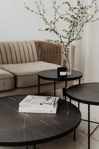 Stolik kawowy okrągły marmurowy TRE 430 czarny nowoczesny do salonu NORDIFRA 43 cm