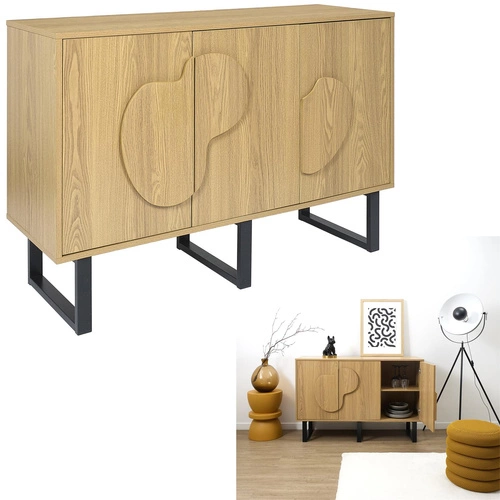 Komoda Calypso dąb artisan z ozdobnymi frontami na czarnych nogach 120 cm do salonu boho