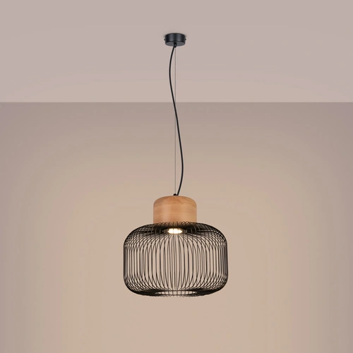 Lampa wisząca Gabbia 35 czarna industrialna do salonu i jadalni stal drewno