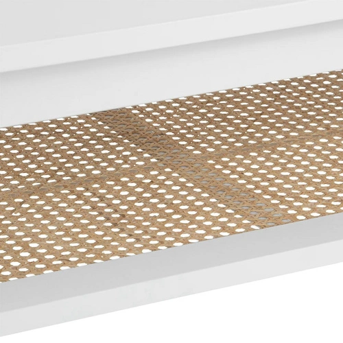 Stolik kawowy Cabras biały prostokątny drewniany z półką rattanową skandynawski do salonu