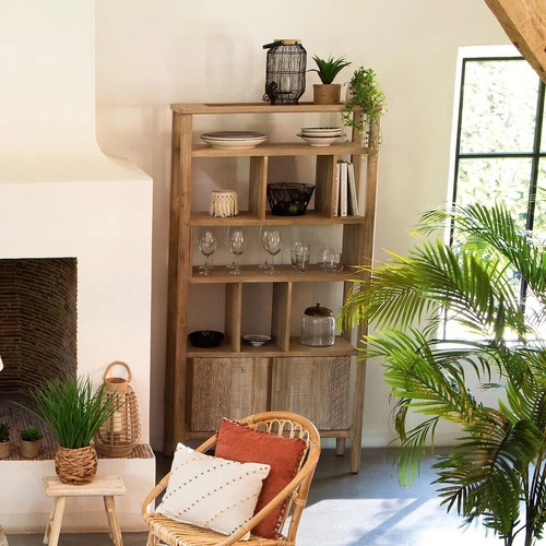 Regał na książki Banila drewniany akacja naturalny bielony z szafką do salonu Atmosphera