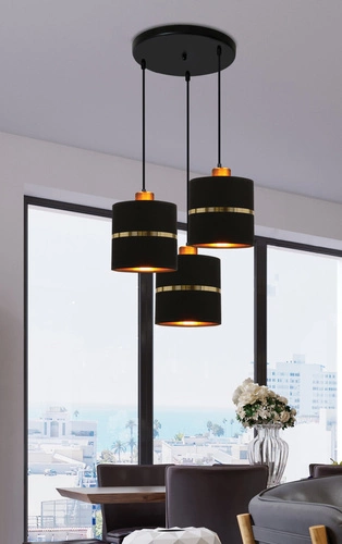 Lampa wisząca Assam czarna z abażurem i złotym paskiem 3-punktowa do salonu lub kuchni