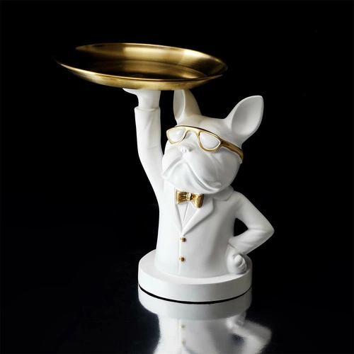 Organizer figurka buldog dekoracyjny biały ze złotą tacą Intesi do salonu glamour