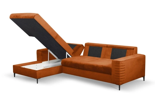 Nowoczesny narożnik welurowy Hald z funkcją spania i pojemnikiem lewy do salonu