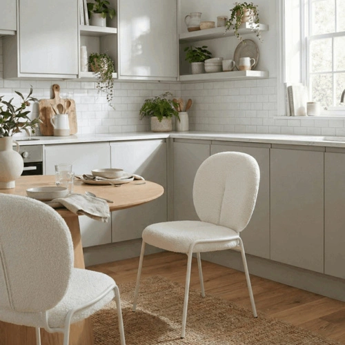 Krzesło Bianco tapicerowane boucle białe do jadalni i salonu nowoczesne skandynawskie Intesi