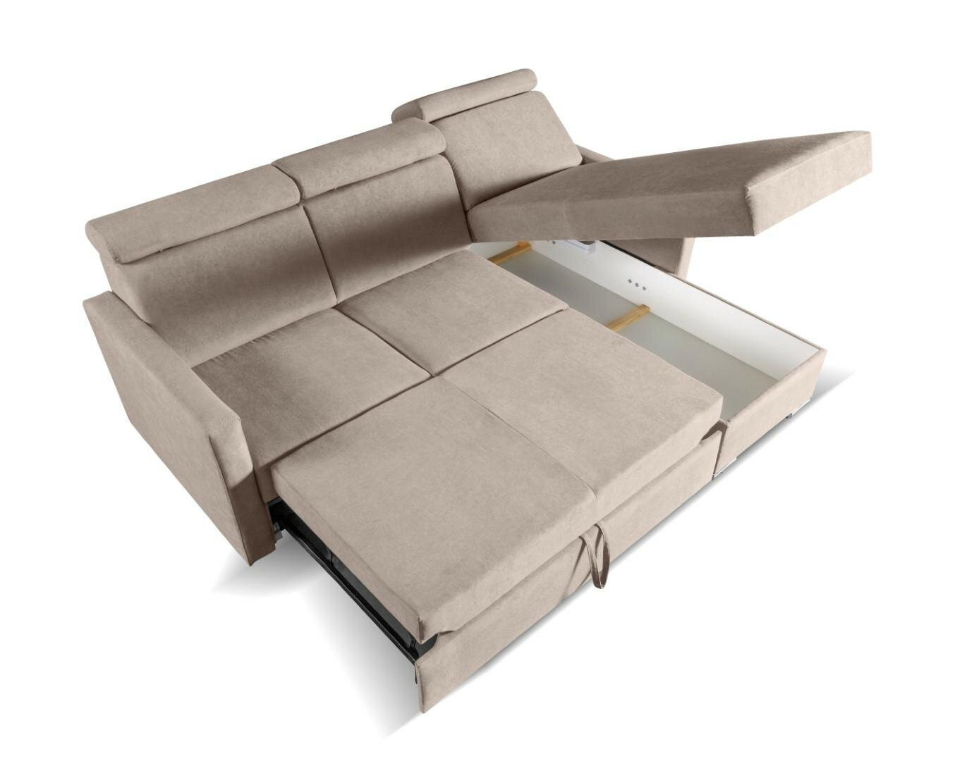 Narożnik z funkcją spania Mils beżowy do salonu nowoczesny z pojemnikiem na pościel