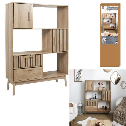 Regał na książki drewniany Klaus naturalny z szufladami i szafkami w stylu skandynawskim