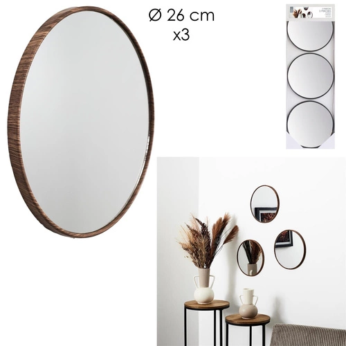 Zestaw 3 okrągłych luster wiszących Toronto orzech 26cm do przedpokoju i salonu