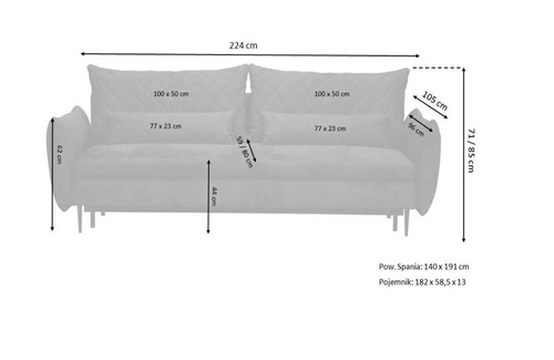 Sofa rozkładana dwuosobowa Cecile szara z pojemnikiem skandynawska do salonu