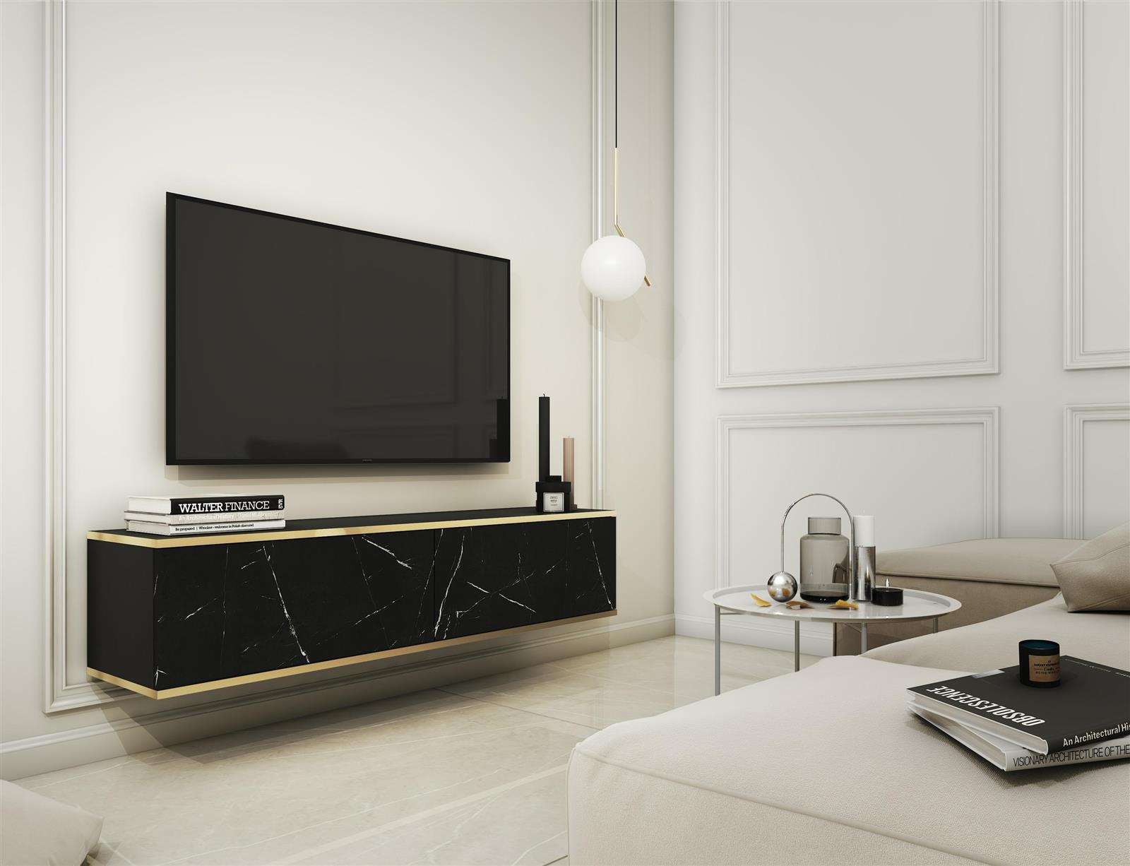 Szafka RTV wisząca Hollar 135cm czarny marmur