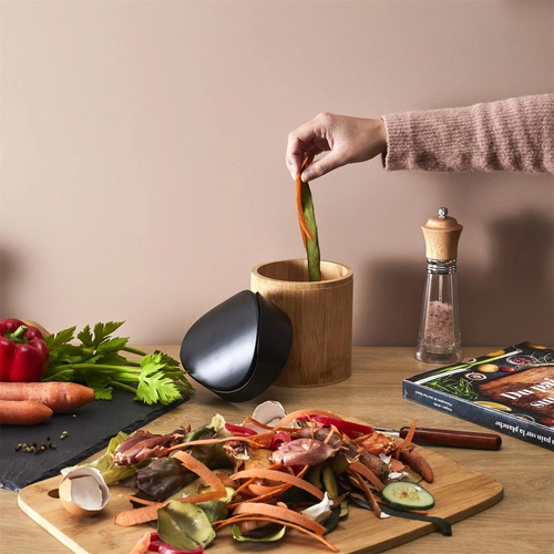 Intesi Mini kosz na śmieci do łazienki i kuchni bambusowy czarny obrotowy 1L