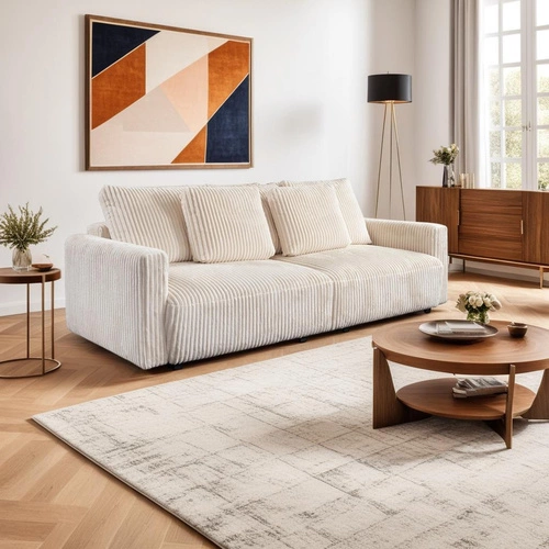 Sofa rozkładana z funkcją spania Loppie beżowa sztruksowa do salonu nowoczesna