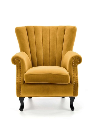 Fotel wypoczynkowy Vader welur żółty nowoczesny do salonu na wysokich drewnianych nogach