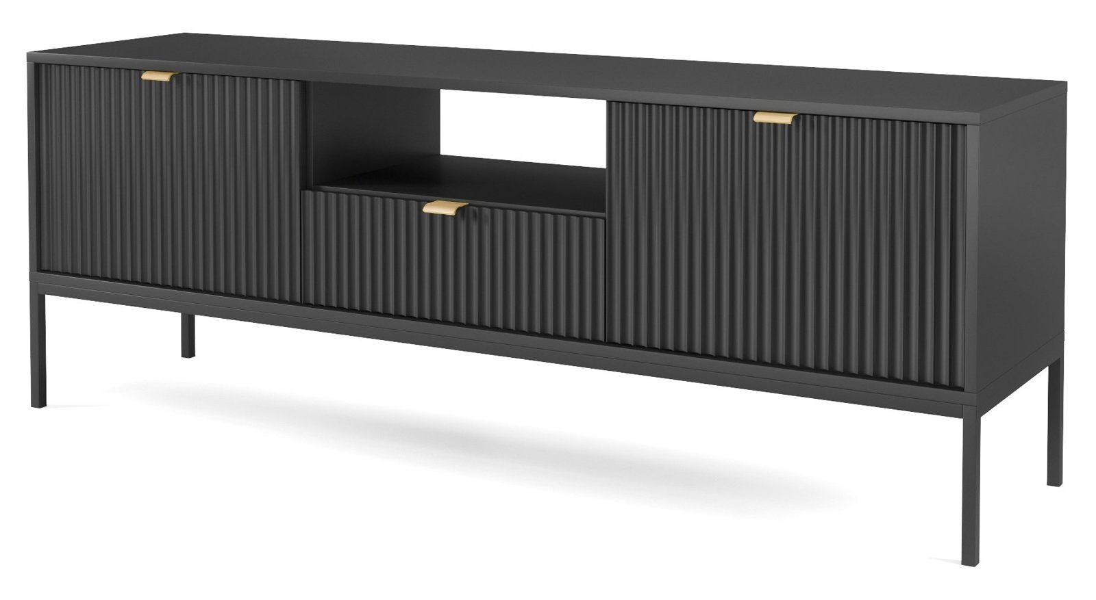 Szafka RTV Delicious czarna ryflowana glamour do salonu na wysokich nogach 154 cm Intesi