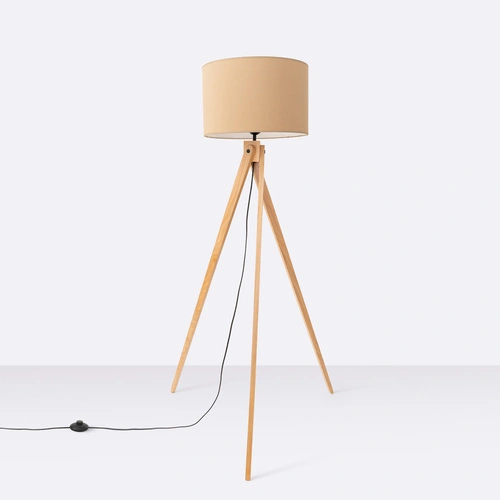 Lampa stojąca do salonu NATT nowoczesna drewniana trójnóg z abażurem taupe 140 cm