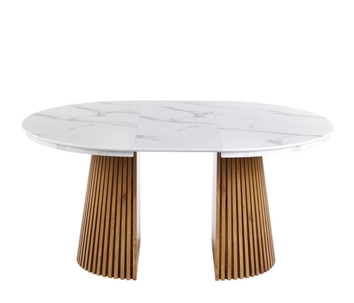 Stół rozkładany Kyoto okrągły 120/200 cm biały marmur dąb nowoczesny do jadalni i salonu