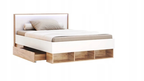 Łóżko do sypialni Tissa 140x200 z pojemnikiem, szufladami i LED biały dąb craft