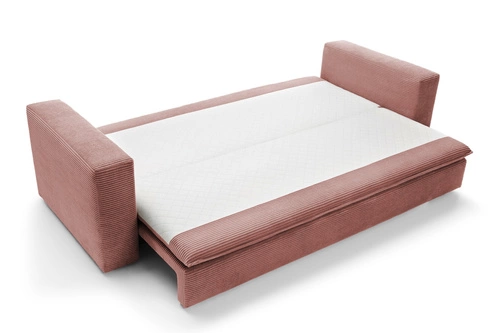 Sofa rozkładana z funkcją spania Ulnes sztruksowa różowa 3 osobowa do salonu z pojemnikiem